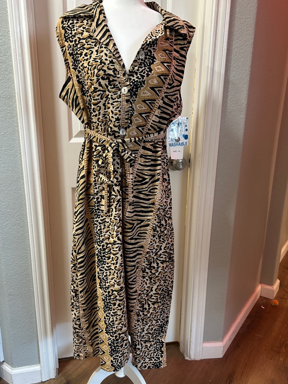 Sleeveless Tie Waist Dress with Mixed Animal Print in Tan/Black